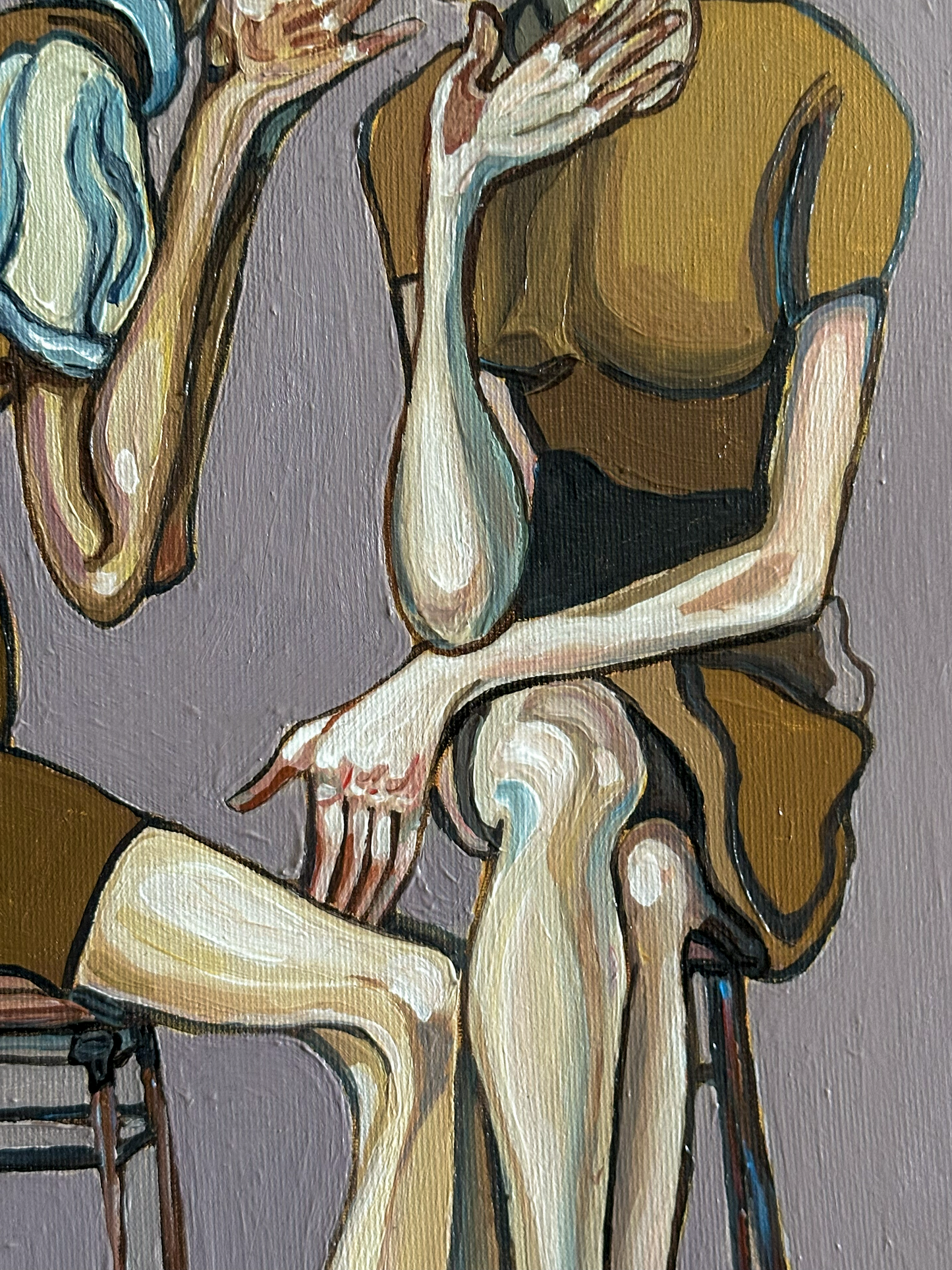An expressive painting by Noemi Safir of seated women figures with elongated limbs, rendered in warm brown, beige and muted blue tones against a warm gray background.