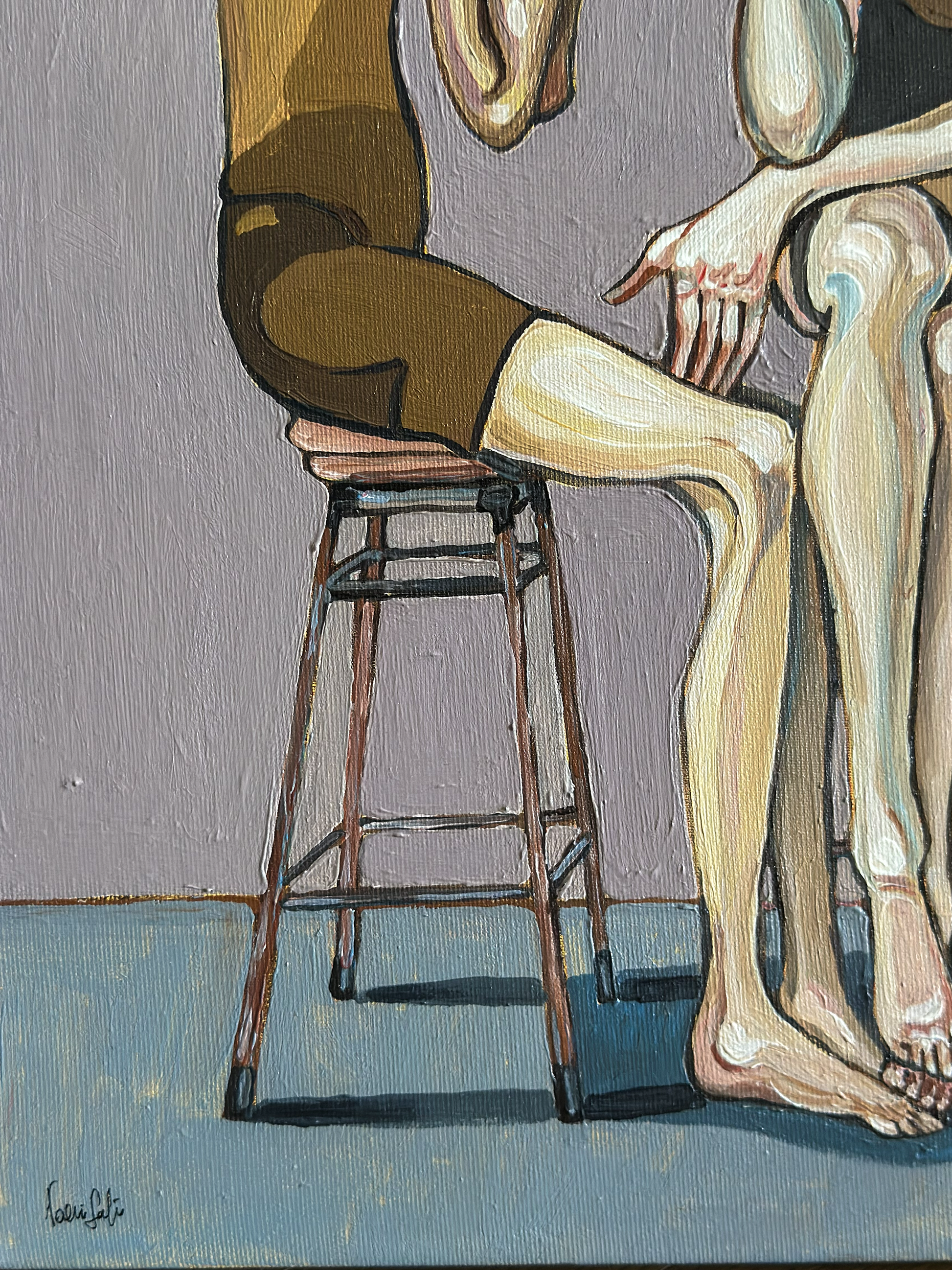 An original painting by Noemi Safir depicting two seated women figures, rendered in warm earth tones against a muted gray wall and blue floor.