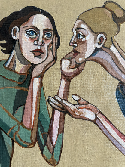 Noemi Safir expressive painting of two women in profile facing each other, rendered with warm beige skin tones, dark outlines, and muted green, blue, and brown clothing against a beige background.