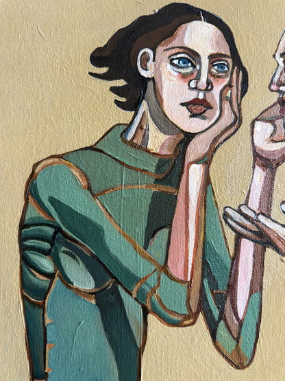 How Right Do I Have to Be by Noemi Safir, original painting from the series Drama Looks Good on Us, featuring two women in a charged moment of pressure, persuasion, and emotional imbalance.
