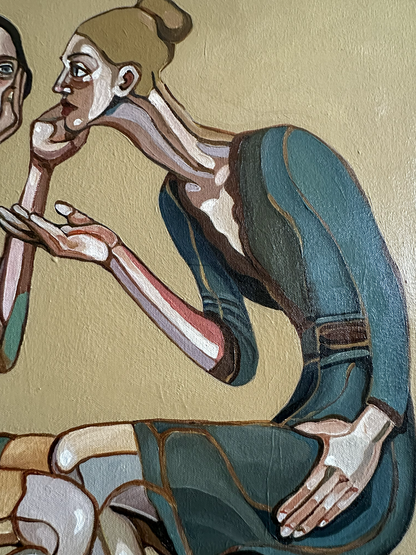 Noemi Safir  emotional and expressive figurative painting depicting  seated women in profile wearing  teal , rendered with warm beige, brown, cream and muted pink tones.