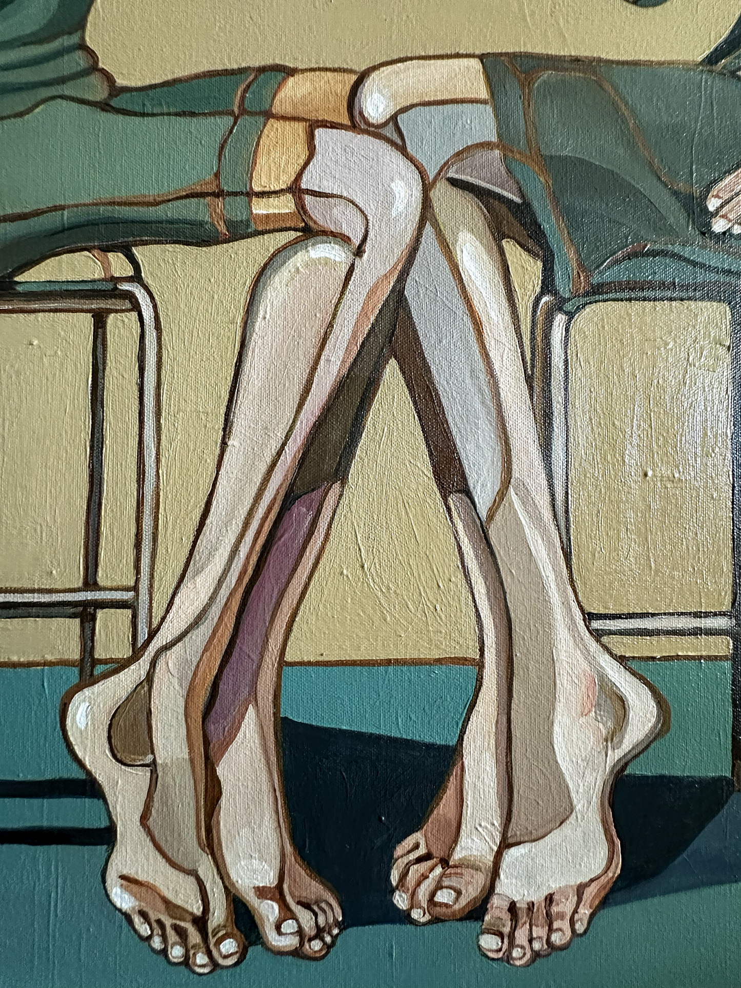 A close-up of a painted artwork by Noemi Safir showing  seated women with crossed legs and bare feet, rendered in muted beige, teal, brown, and purple tones.