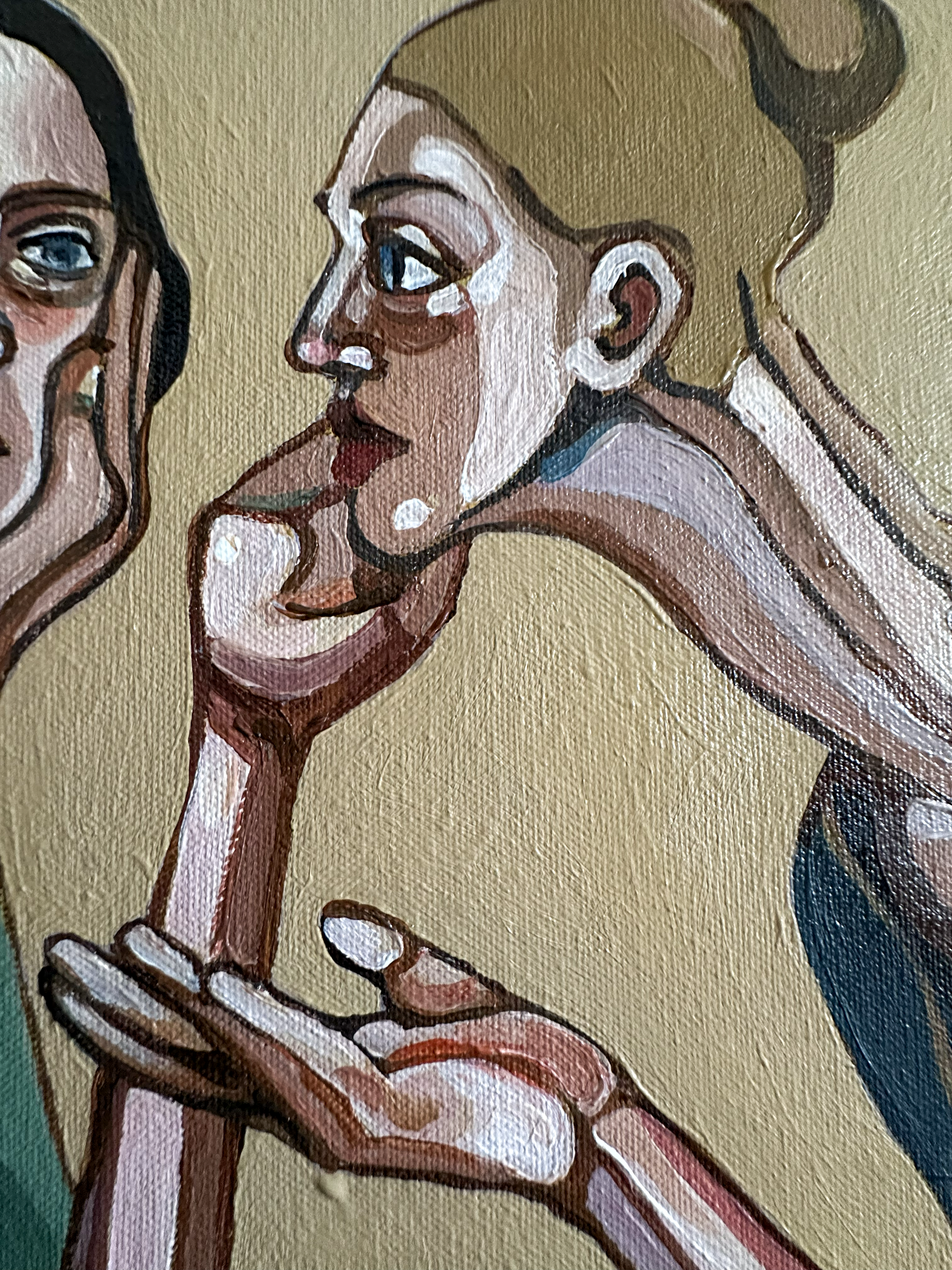 Close-up of a painted artwork by Noemi Safir showing two female figures in profile  view, rendered in warm beige, brown, cream, and muted blue tones on a textured canvas background.