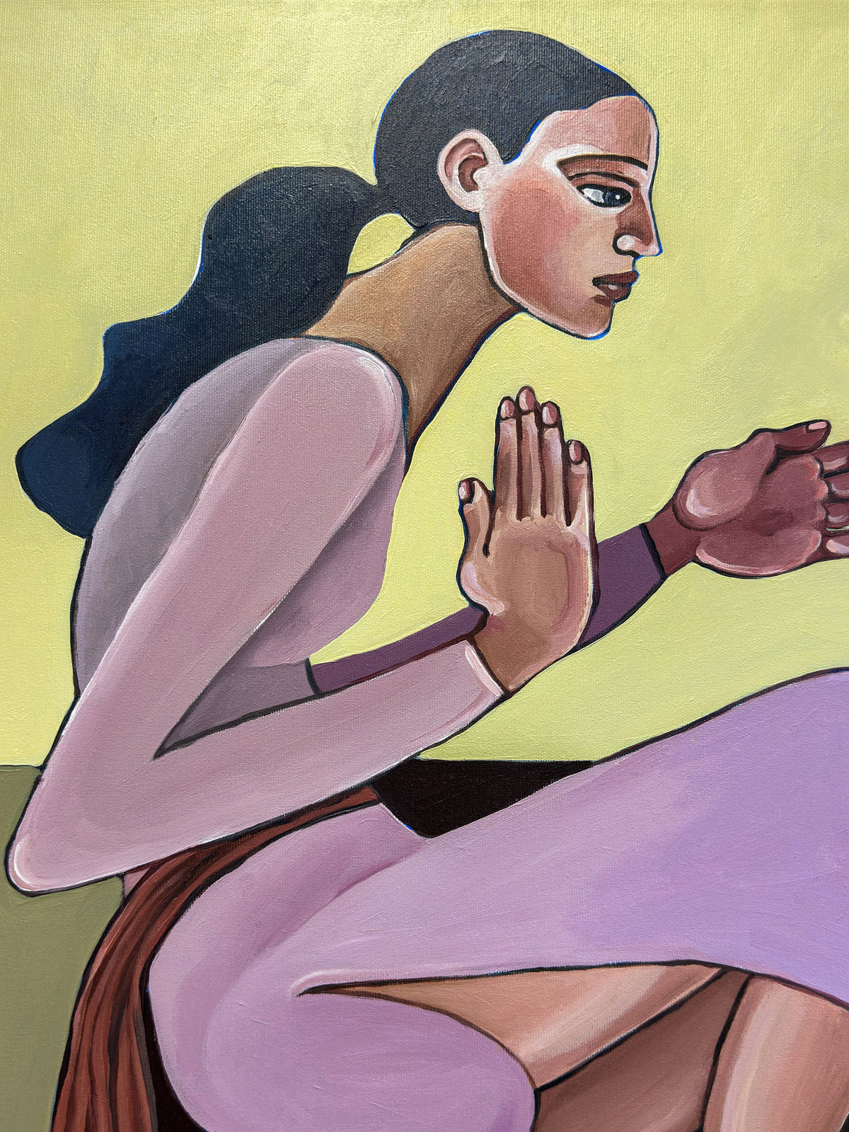 A Silent Confession original acrylic on canvas by Noemi Safir, a symbolic figurative painting about women, guarded gestures, psychological intimacy and emotional presence.