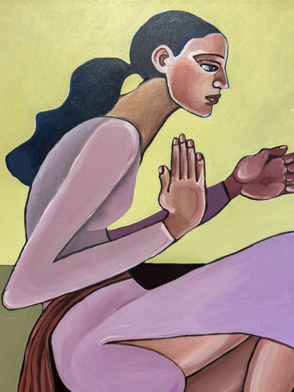 A Silent Confession original acrylic on canvas by Noemi Safir, a symbolic figurative painting about women, guarded gestures, psychological intimacy and emotional presence.