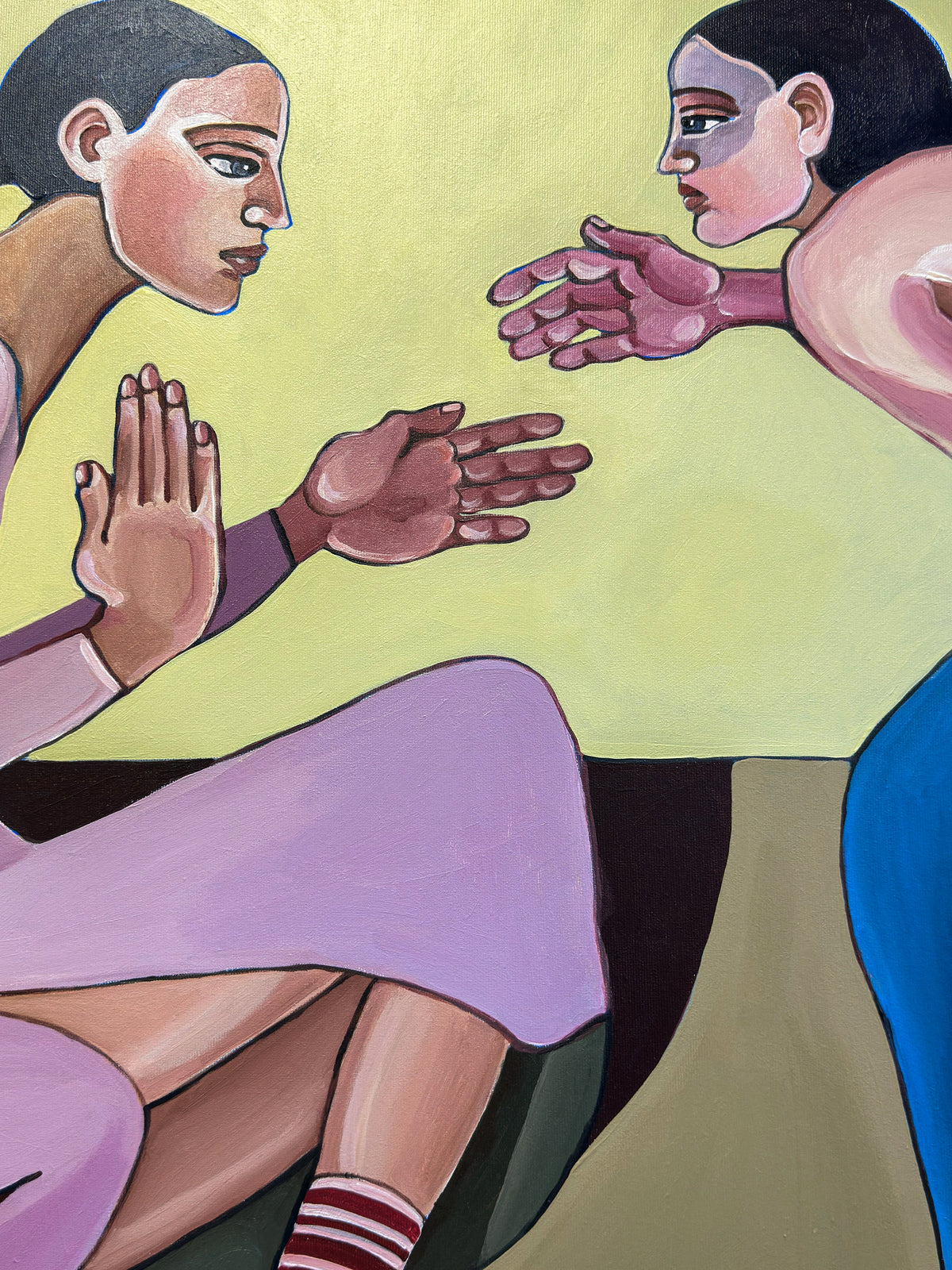 A Silent Confession by Noemi Safir, original painting from Drama Looks Good on Us, featuring two women in a tense intimate exchange filled with silence and psychological pressure.