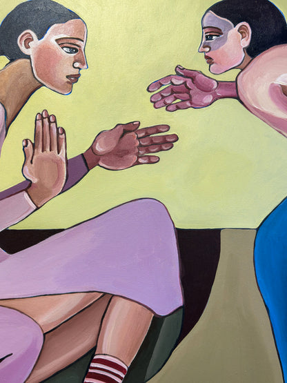 A Silent Confession by Noemi Safir, original painting from Drama Looks Good on Us, featuring two women in a tense intimate exchange filled with silence and psychological pressure.