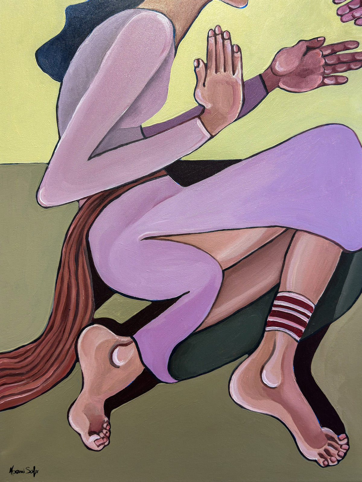 Noemi Safir original painting A Silent Confession, 100 × 80 cm, created in 2026 as part of Drama Looks Good on Us with two female figures against a pale green and plum background.