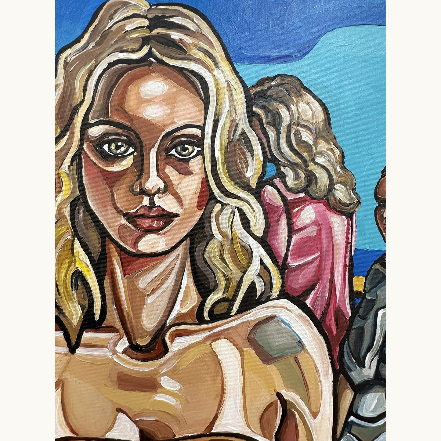 Female figurative artwork by Noemi Safir showing a blonde woman facing forward with other women behind her in a blue waterfront setting