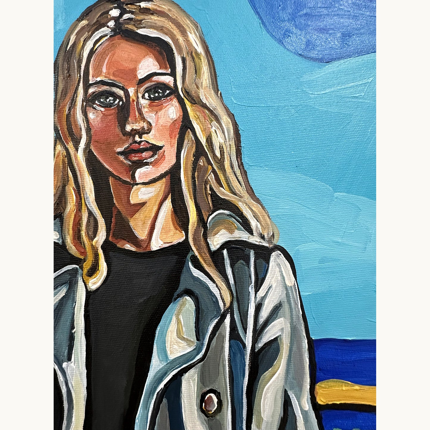 Collectible original painting by Noemi Safir with a contemporary female portrait, coastal background, and emotionally distant group composition