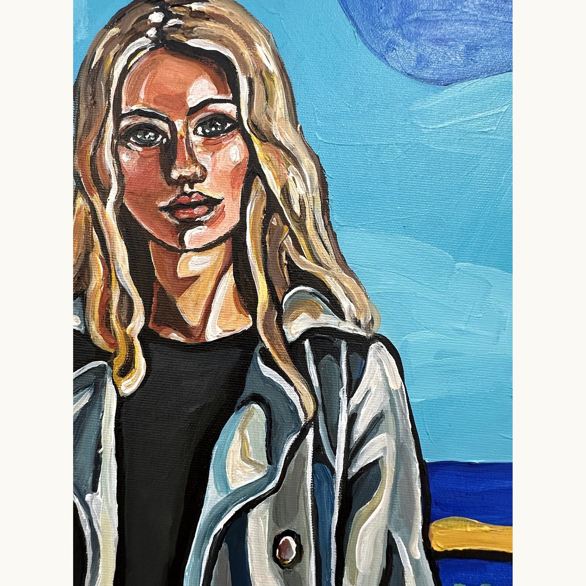 Collectible original painting by Noemi Safir with a contemporary female portrait, coastal background, and emotionally distant group composition