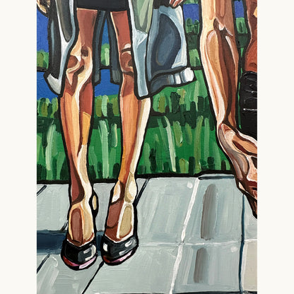 One of a kind acrylic painting by Noemi Safir featuring a central woman by the water, three background figures, and rich blue and beige tones
