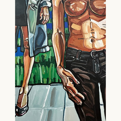 Contemporary fine art painting by Noemi Safir showing women near a waterfront promenade with direct gaze and layered emotional atmosphere