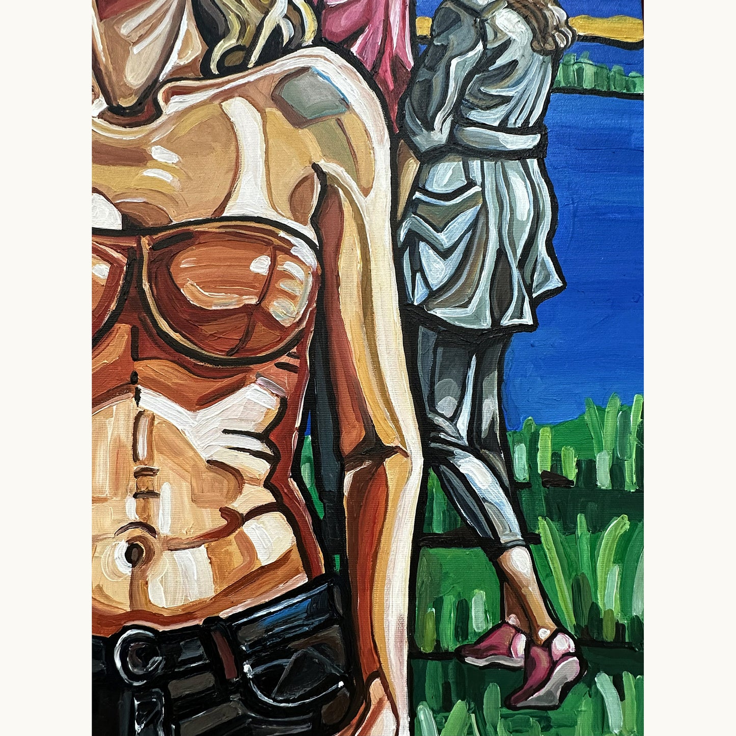 Original acrylic on canvas painting by Noemi Safir with a central female figure, black trousers, structured top, and quiet figures by the shoreline