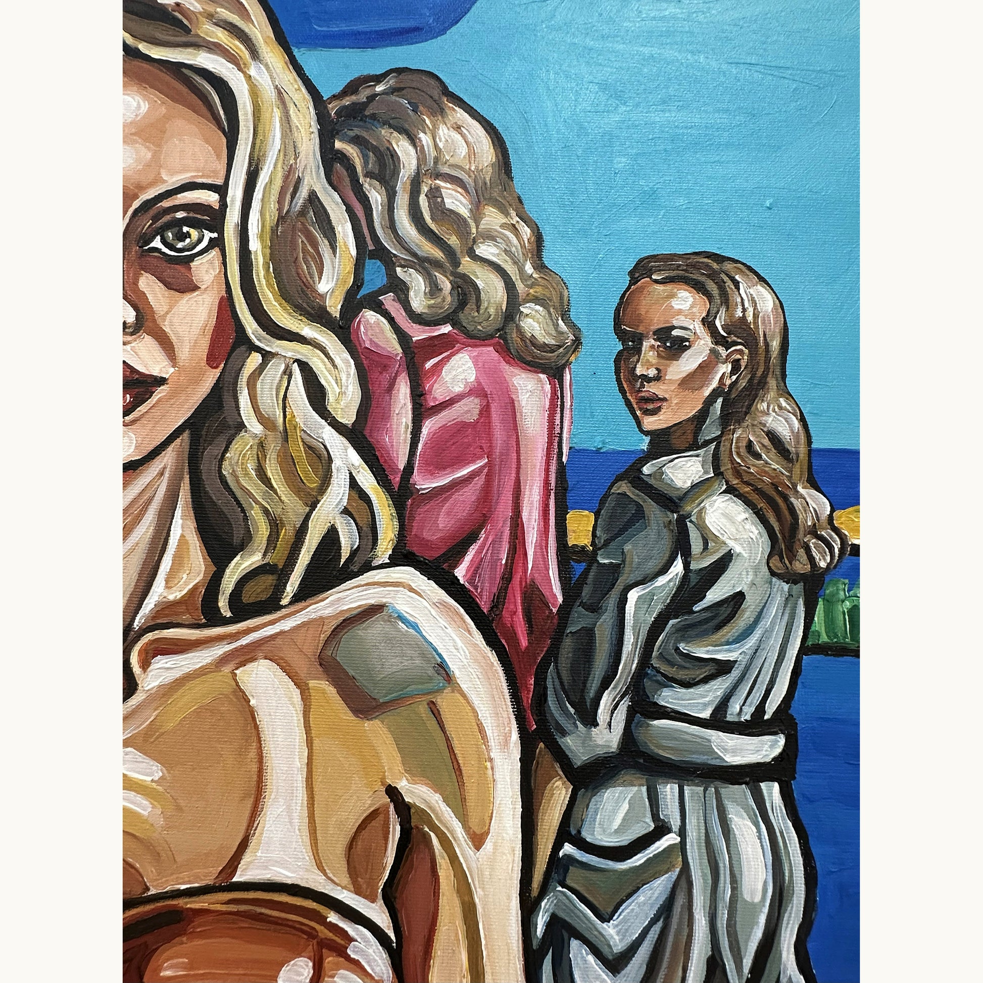 Contemporary figurative painting by Noemi Safir featuring women by the sea, blue water, tiled ground, and a psychologically charged female portrait