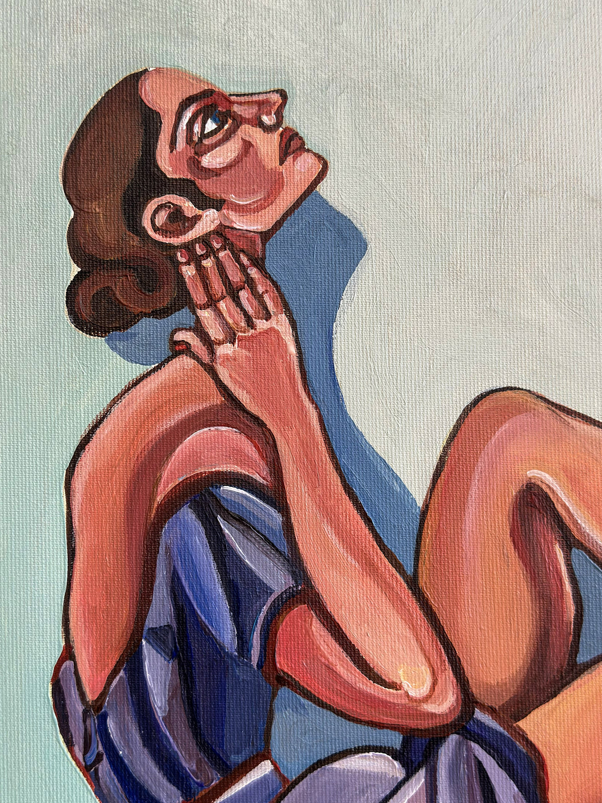 Noemi Safir original painting High Maintenance, showing elongated female figures, expressive body language, sharp shadows, and symbolic storytelling about intimacy and emotional pressure.