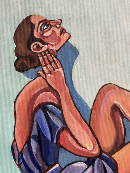 Noemi Safir original painting High Maintenance, showing elongated female figures, expressive body language, sharp shadows, and symbolic storytelling about intimacy and emotional pressure.