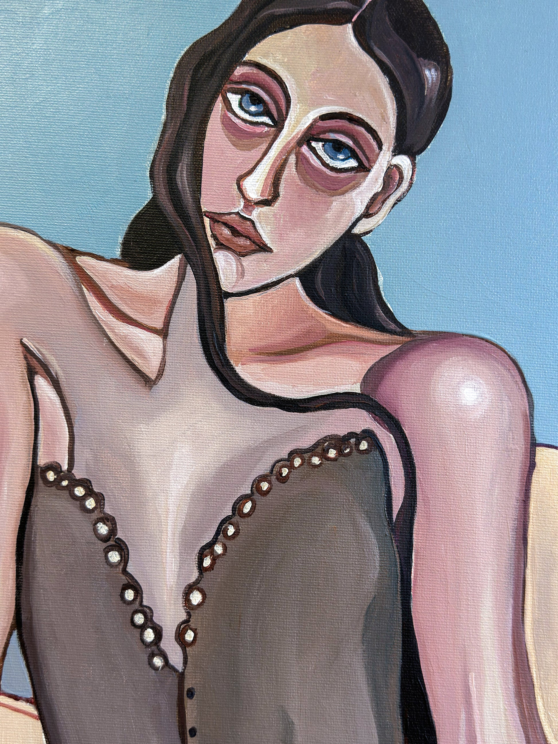 Emotional figurative painting by Israeli artist Noemi Safir exploring the quiet distance that can exist inside physical closeness.