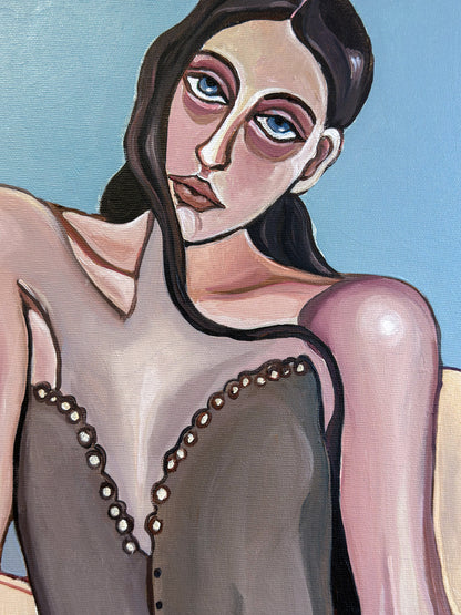 Emotional figurative painting by Israeli artist Noemi Safir exploring the quiet distance that can exist inside physical closeness.