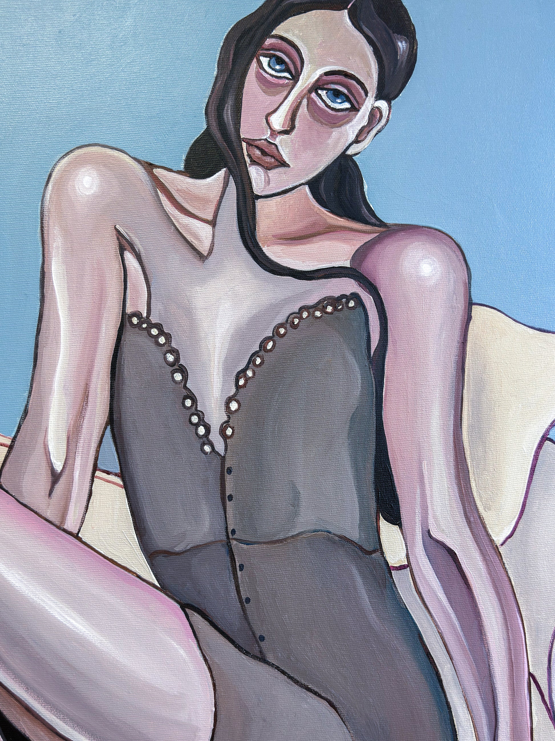 Contemporary artwork by Noemi Safir depicting two women together on a couch, suspended in a long afternoon of closeness, silence and private moods.