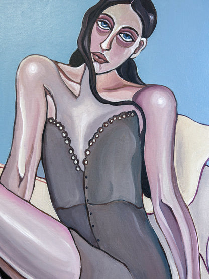 Contemporary artwork by Noemi Safir depicting two women together on a couch, suspended in a long afternoon of closeness, silence and private moods.