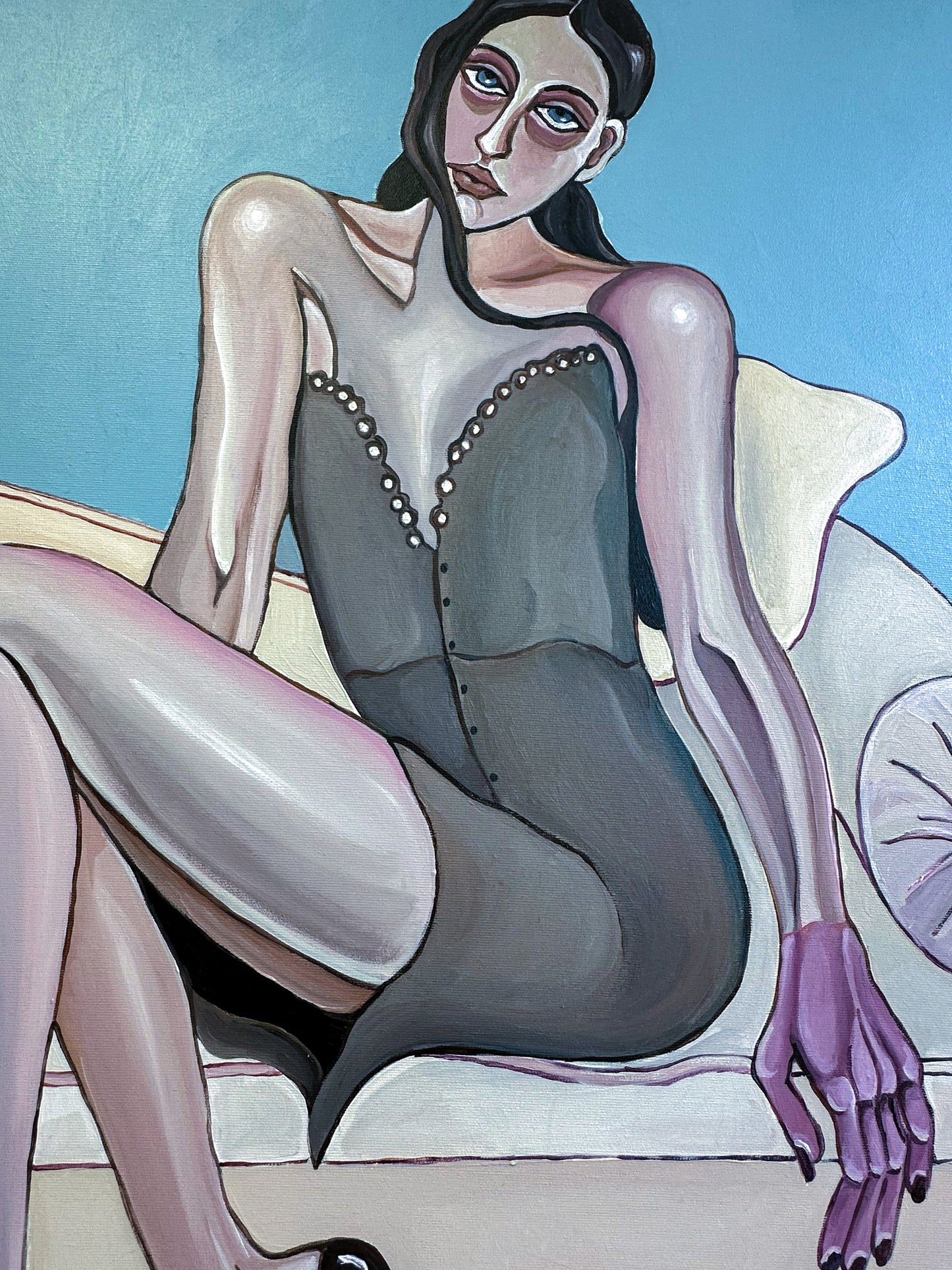 Contemporary figurative artwork by Noemi Safir from the Drama Looks Good on Us series, focused on relationships, mood and the space between people.