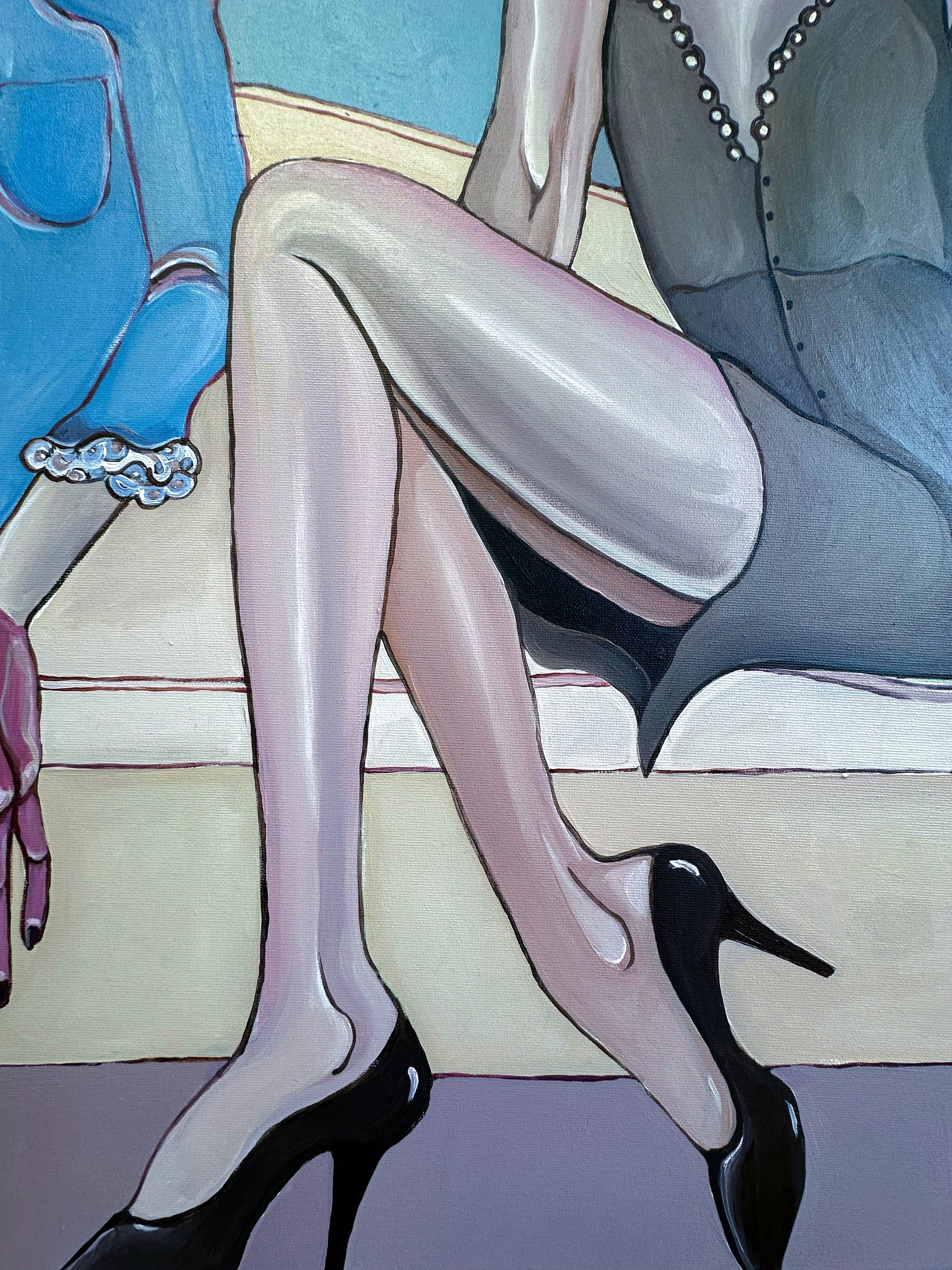 Large original acrylic painting by Noemi Safir from Drama Looks Good on Us, combining female figures, domestic intimacy and psychological tension.