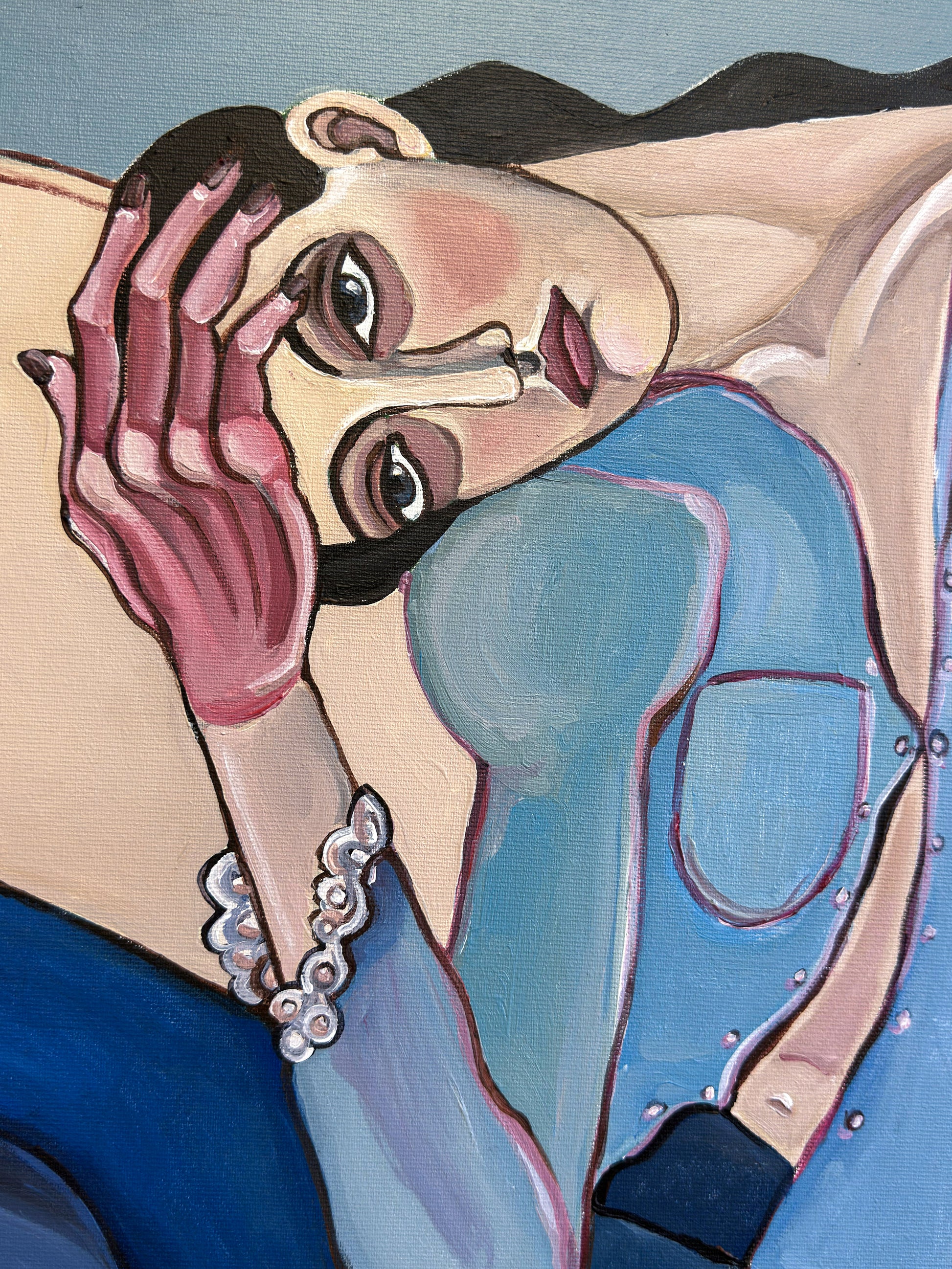 Contemporary collectible painting by Noemi Safir portraying two women whose gestures and physical closeness reveal an unspoken emotional narrative.