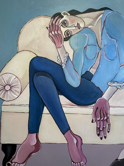 It’s Going to Be a Long Afternoon, a 120 × 80 cm original acrylic painting by Noemi Safir depicting two women in an intimate domestic scene.