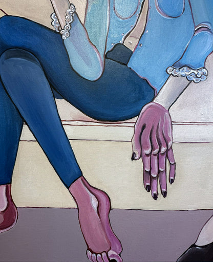 It’s Going to Be a Long Afternoon by Noemi Safir, a symbolic figurative painting about shared space, emotional connection and the distance between two people.