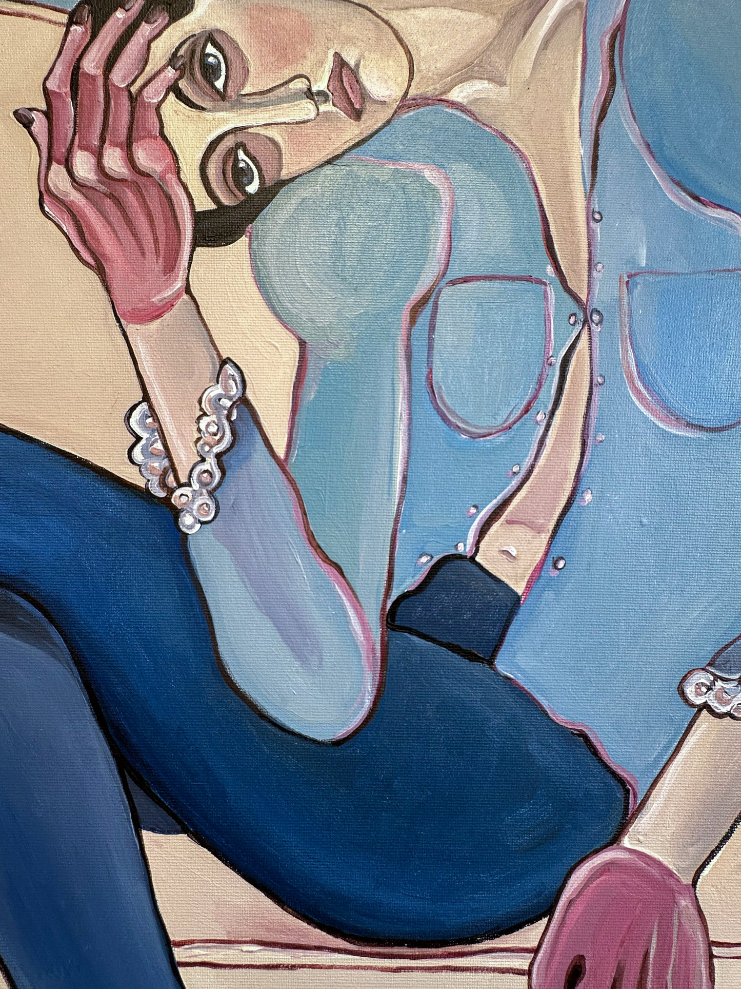 Original female figurative painting by Noemi Safir using expressive body language and elongated figures to explore intimacy and relationships.
