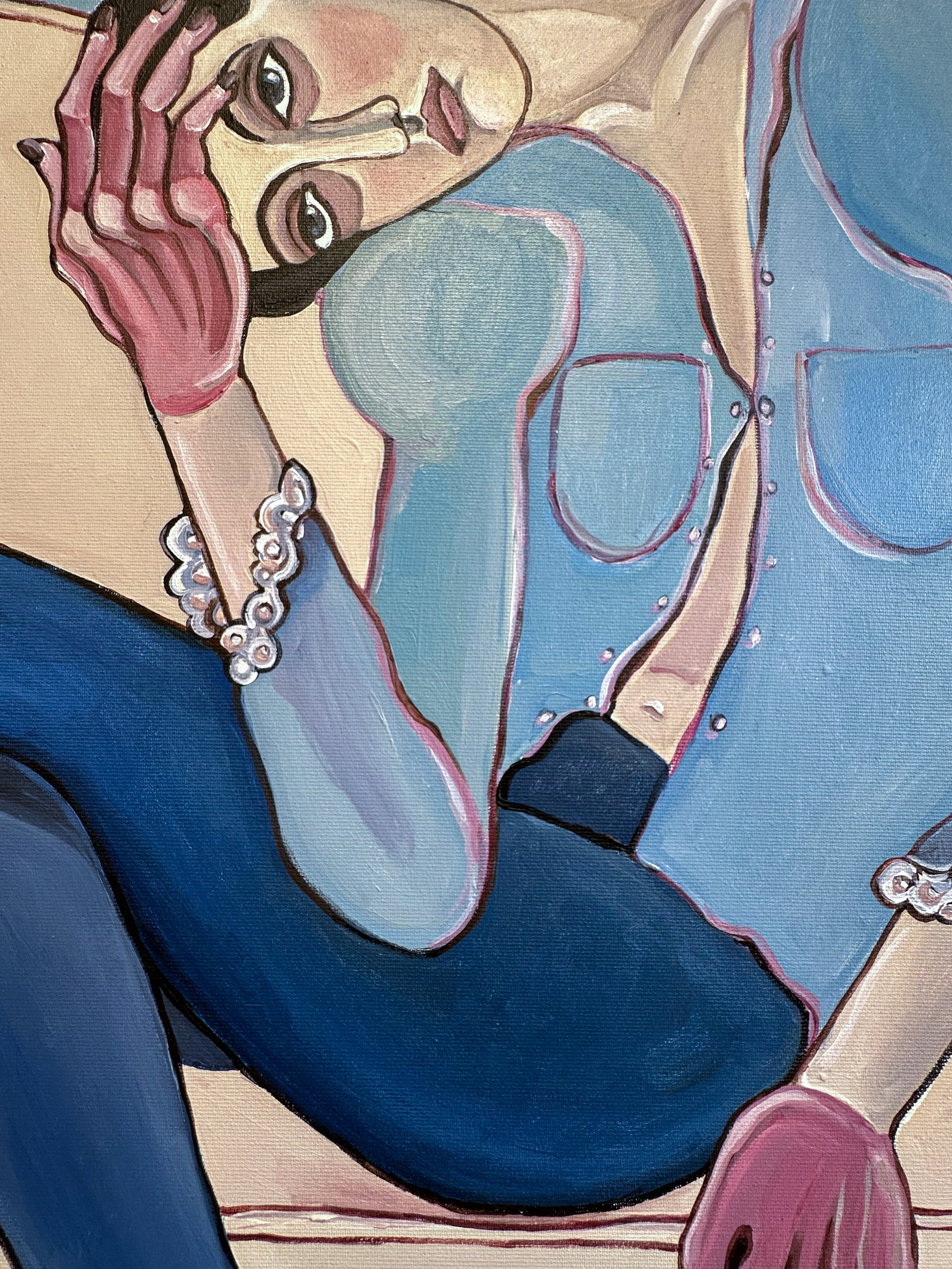 Original female figurative painting by Noemi Safir using expressive body language and elongated figures to explore intimacy and relationships.