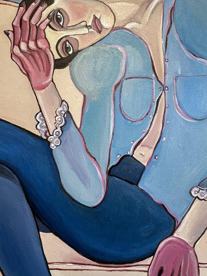 Original female figurative painting by Noemi Safir using expressive body language and elongated figures to explore intimacy and relationships.
