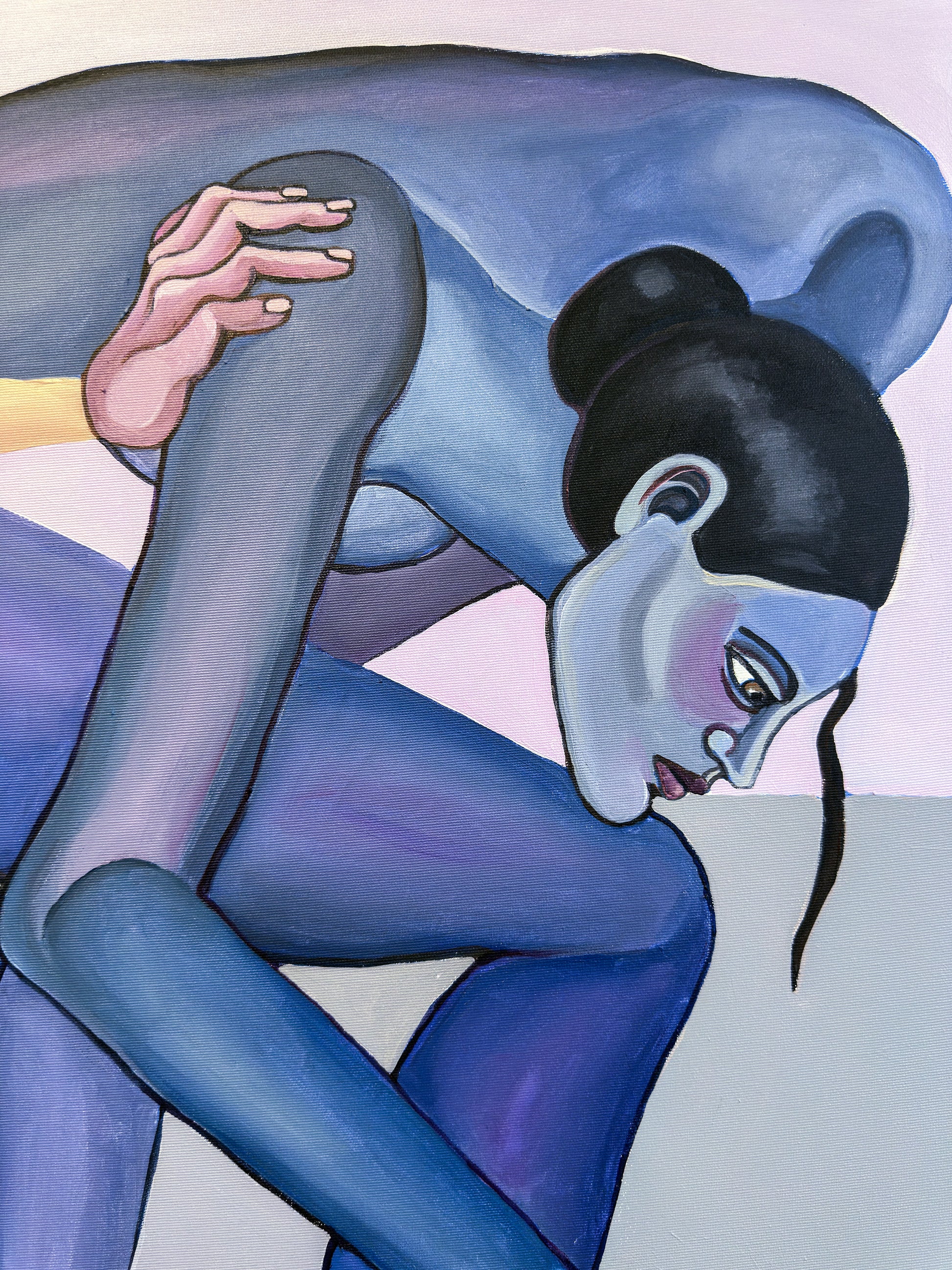 Original contemporary painting by Noemi Safir using pink, blue and lavender tones to explore closeness, tenderness and vulnerability.