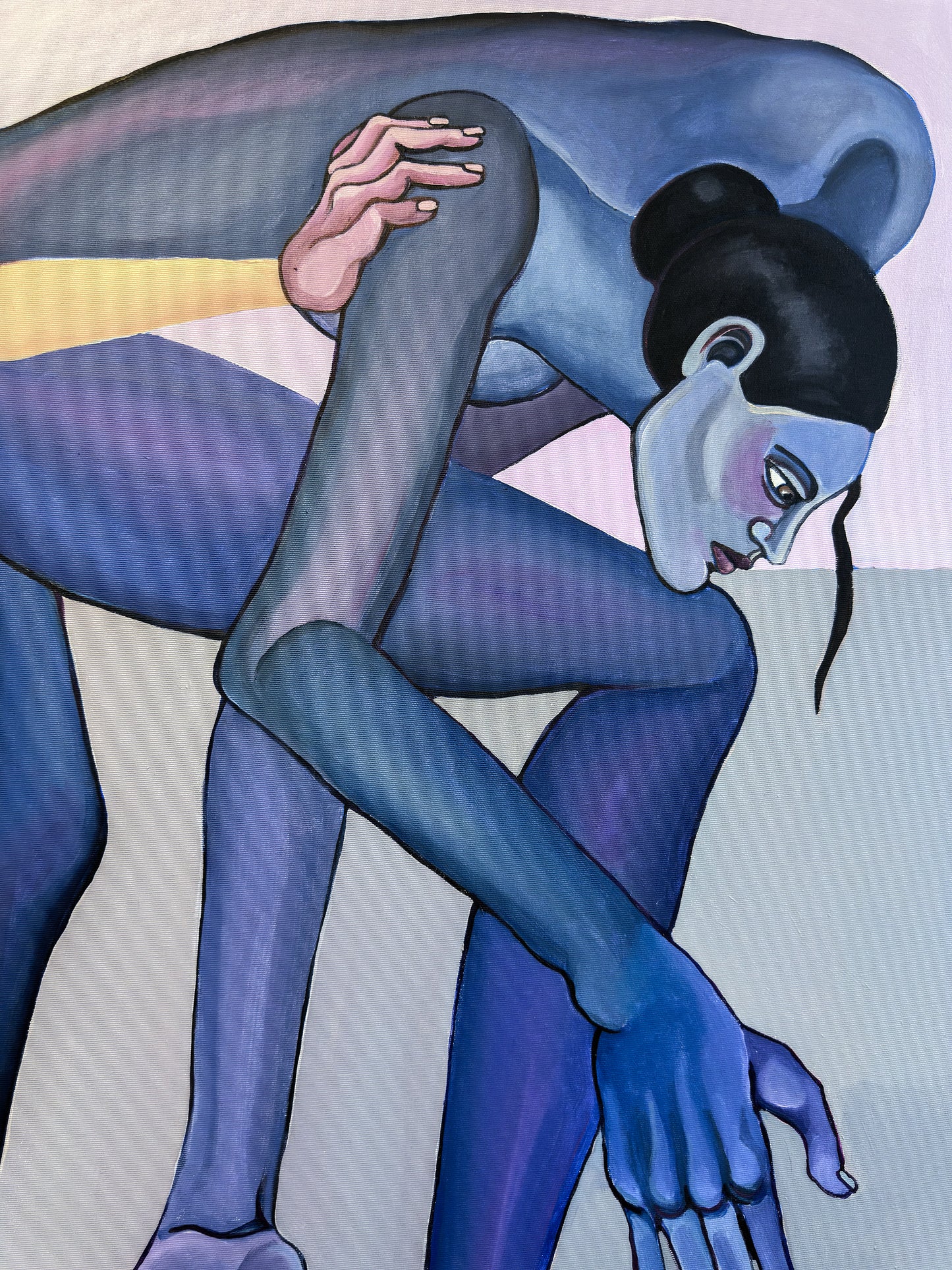 Large original painting by Noemi Safir featuring elongated female figures and expressive body language in an intimate emotional scene.