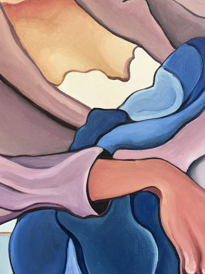 Emotional contemporary painting by Noemi Safir using body language and quiet gesture to explore listening and connection.