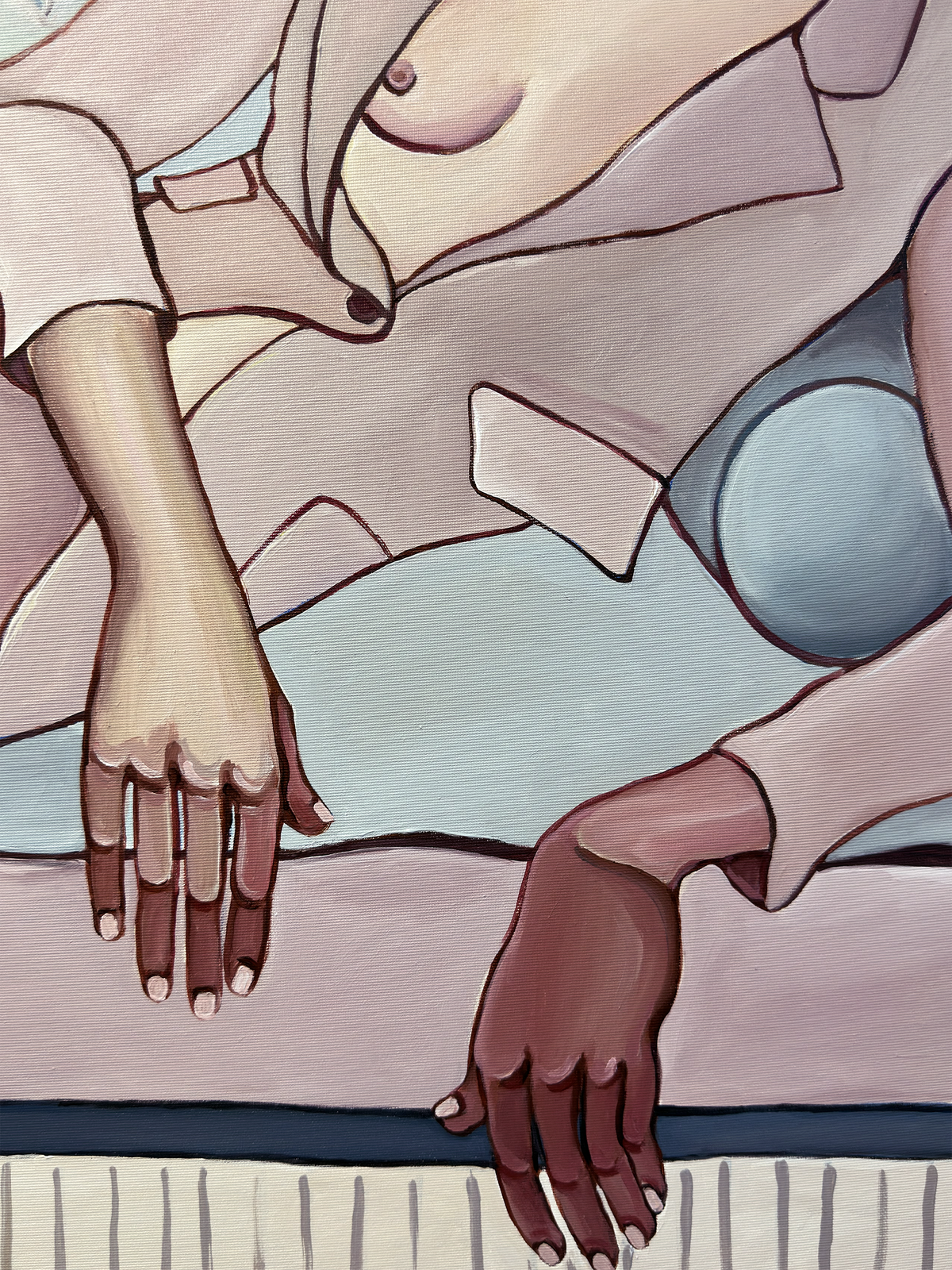 Emotional contemporary painting by Noemi Safir using relaxed posture and body language to explore rest and responsibility.