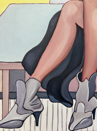 Original contemporary artwork by Noemi Safir showing a reclining woman on a blue sofa in a quiet domestic scene.
