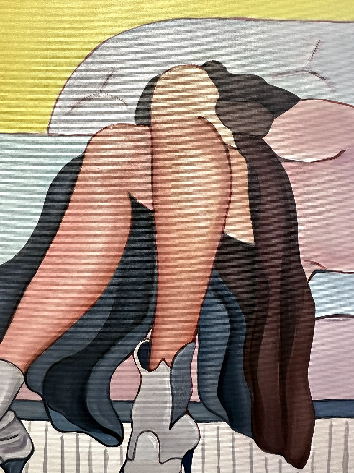 Tell Them I’m Busy is a figurative painting about the desire to stay seated, switch off and keep some time for oneself.