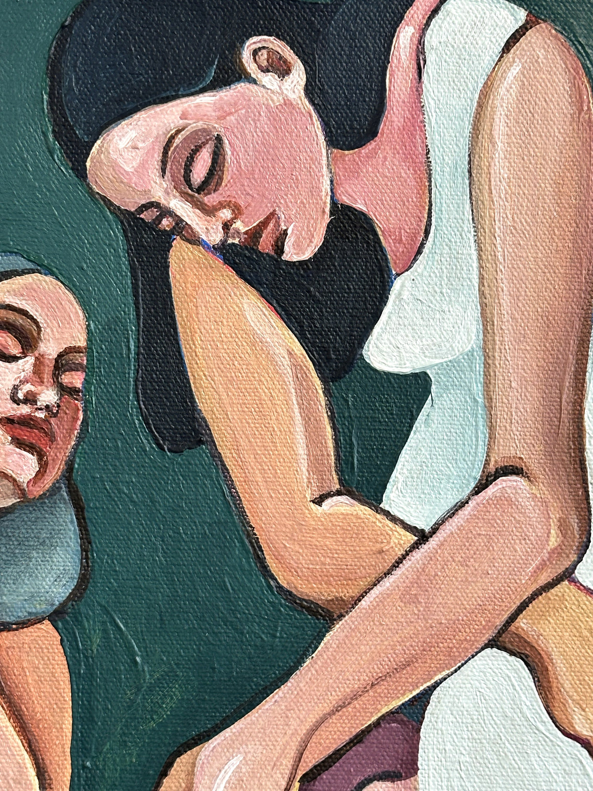 Noemi Safir contemporary figurative painting Mind the Gap, showing two elongated female figures in a tense composition about closeness, hesitation and desire.