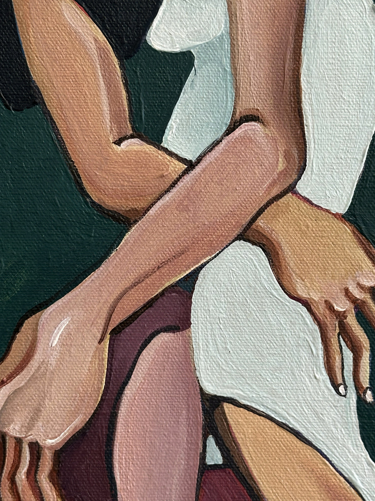Mind the Gap original artwork by Noemi Safir, a highly collectible painting about feminine intimacy, symbolic body language, emotional tension and restraint.