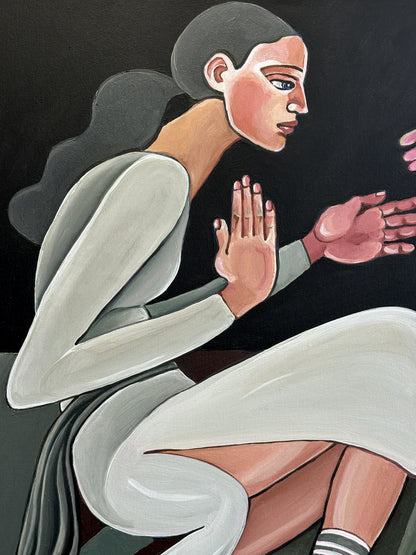 A Silent Confession original acrylic on canvas by Noemi Safir, a symbolic figurative painting about women, guarded gestures, psychological intimacy and emotional presence.
