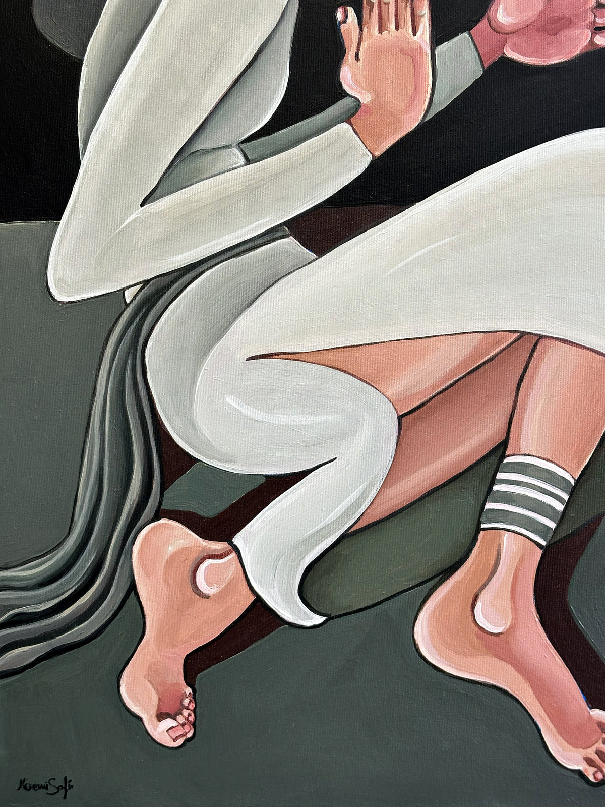 Noemi Safir original painting A Silent Confession, 100 × 80 cm, created in 2026 as part of Drama Looks Good on Us with two female figures against a pale green and plum background.