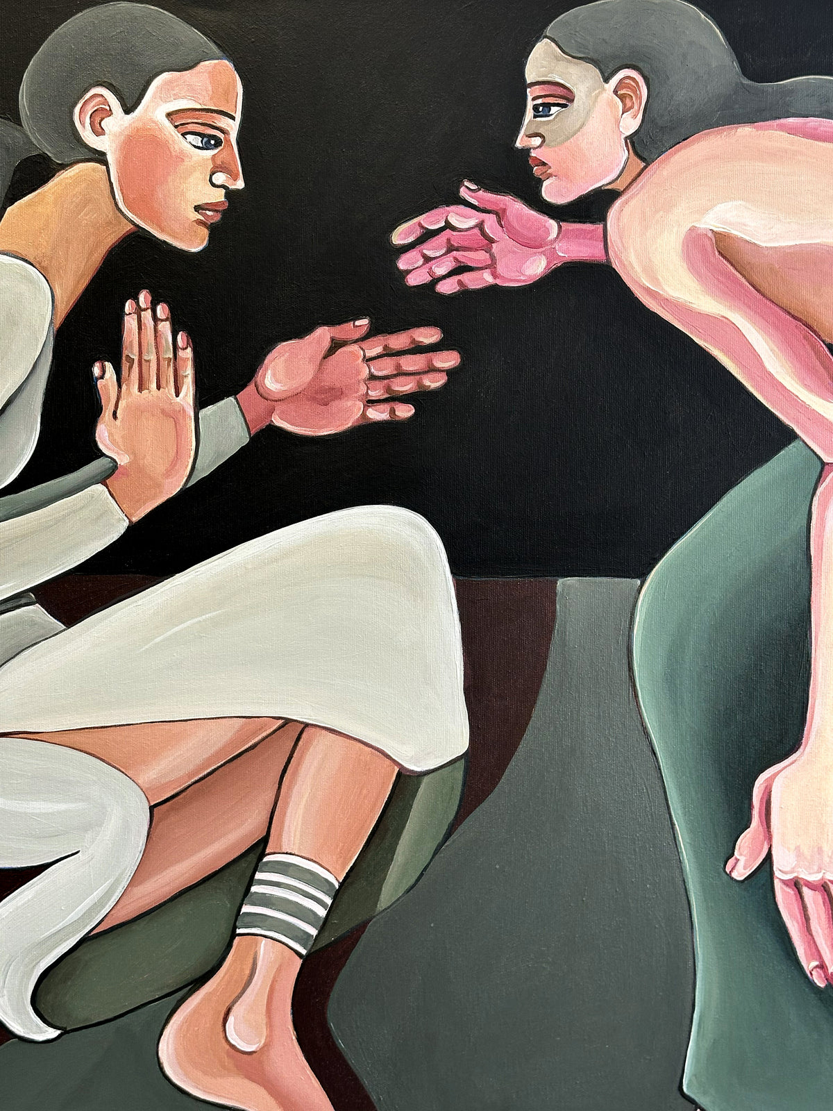 A Silent Confession by Noemi Safir, original painting from Drama Looks Good on Us, featuring two women in a tense intimate exchange filled with silence and psychological pressure.