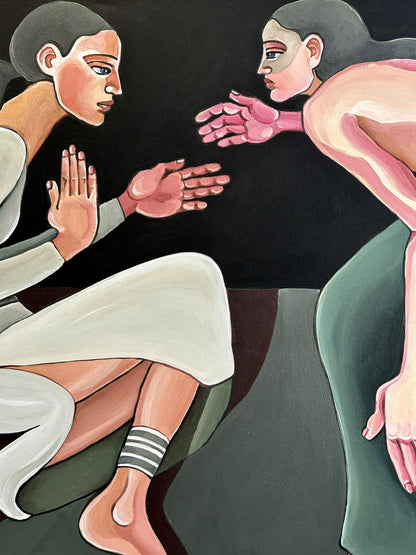 A Silent Confession by Noemi Safir, original painting from Drama Looks Good on Us, featuring two women in a tense intimate exchange filled with silence and psychological pressure.