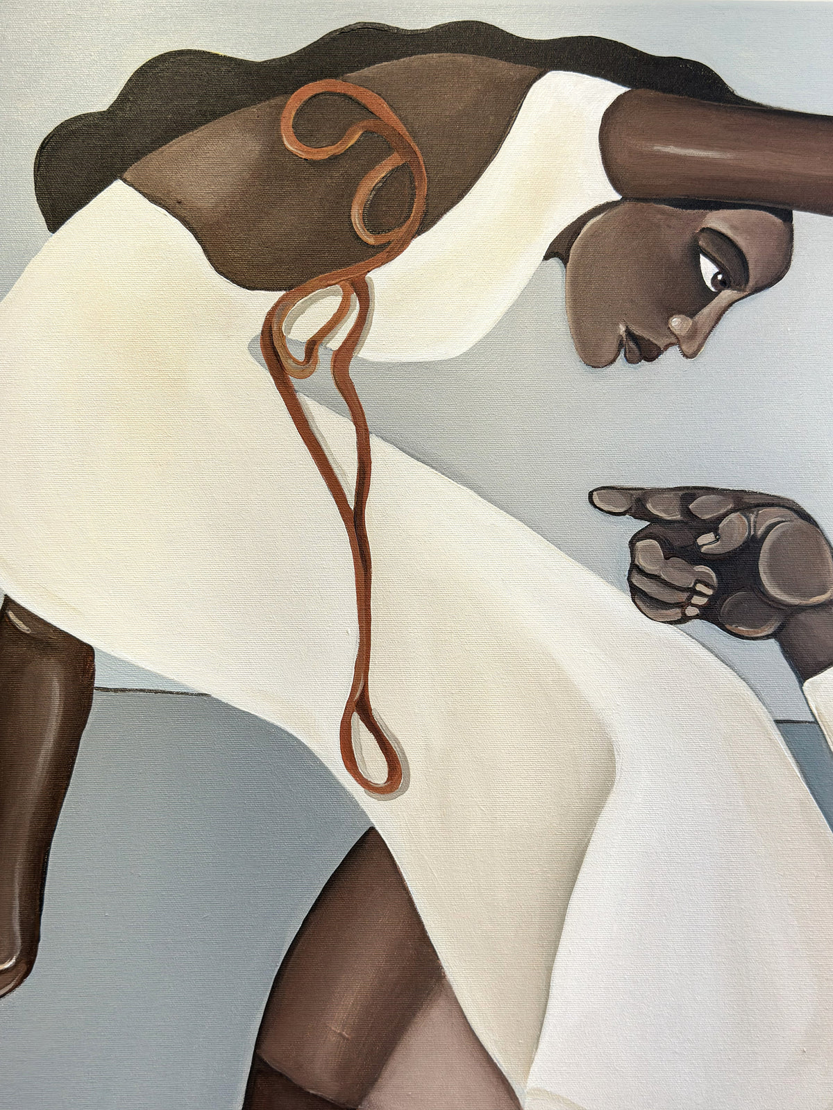 Contemporary acrylic artwork by Noemi Safir turns the instinct to anticipate another person’s needs into an exaggerated physical scene.