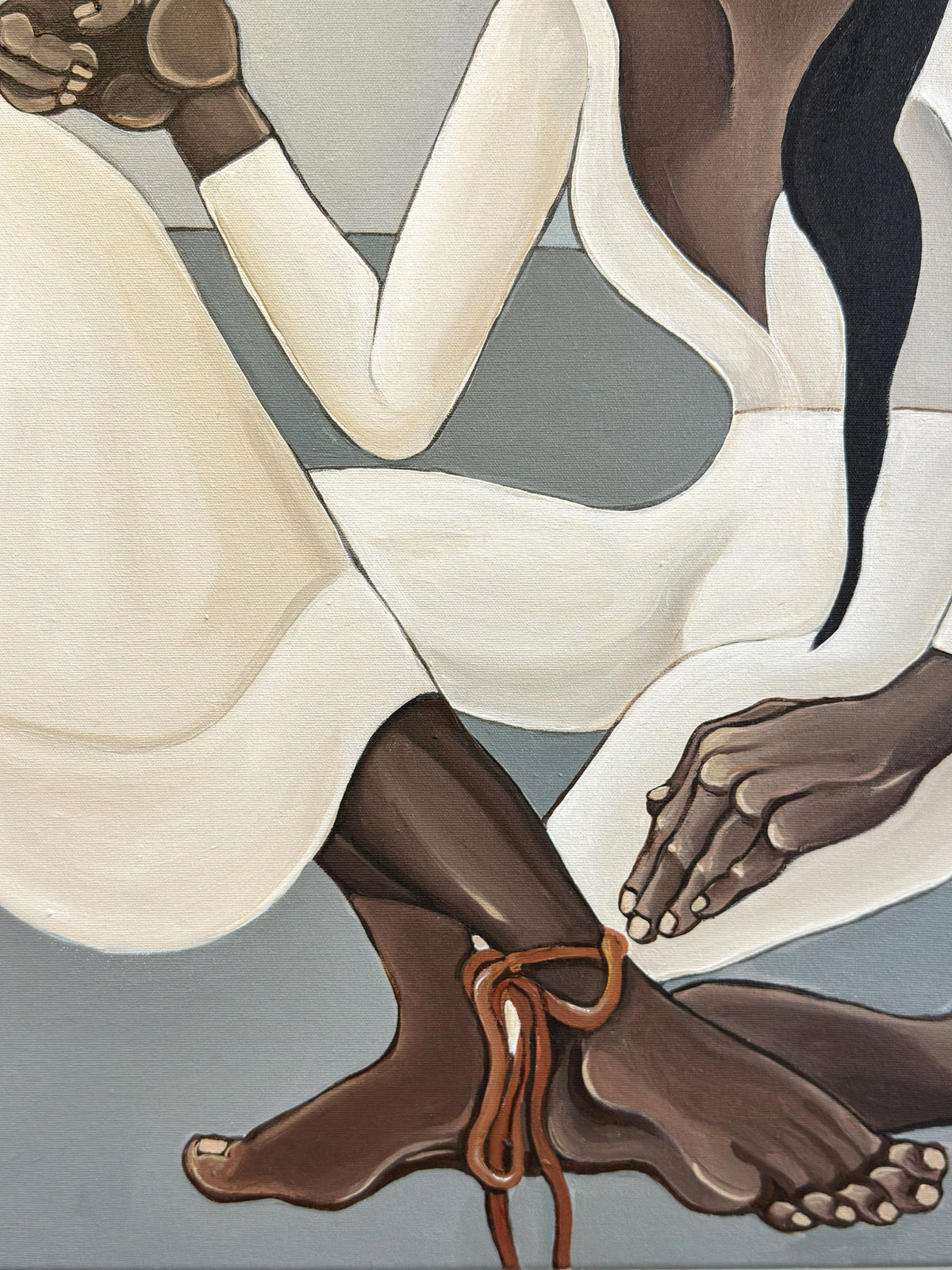 Noemi Safir’s contemporary figurative art in You Could Have Just Asked combines distorted female bodies, white clothing and a vivid orange cord.