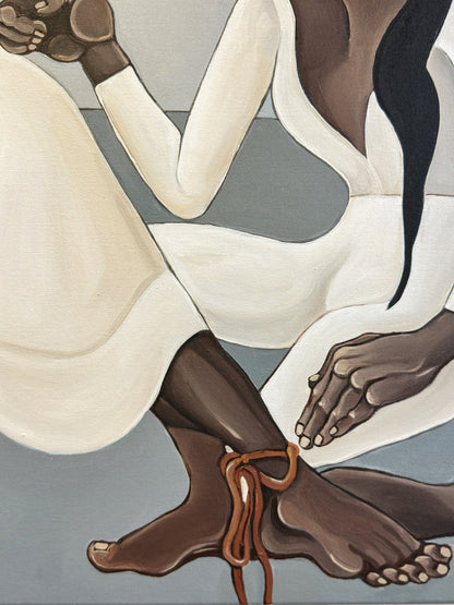 Noemi Safir’s contemporary figurative art in You Could Have Just Asked combines distorted female bodies, white clothing and a vivid orange cord.