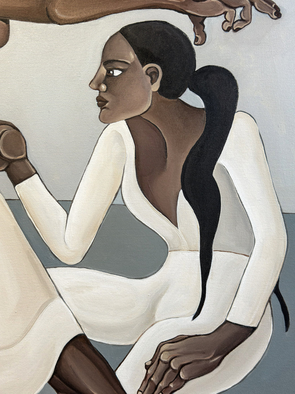 This female figurative painting by Noemi Safir places two women in white clothing against a muted gray interior filled with psychological tension.