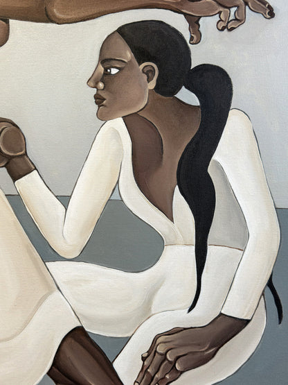 This female figurative painting by Noemi Safir places two women in white clothing against a muted gray interior filled with psychological tension.